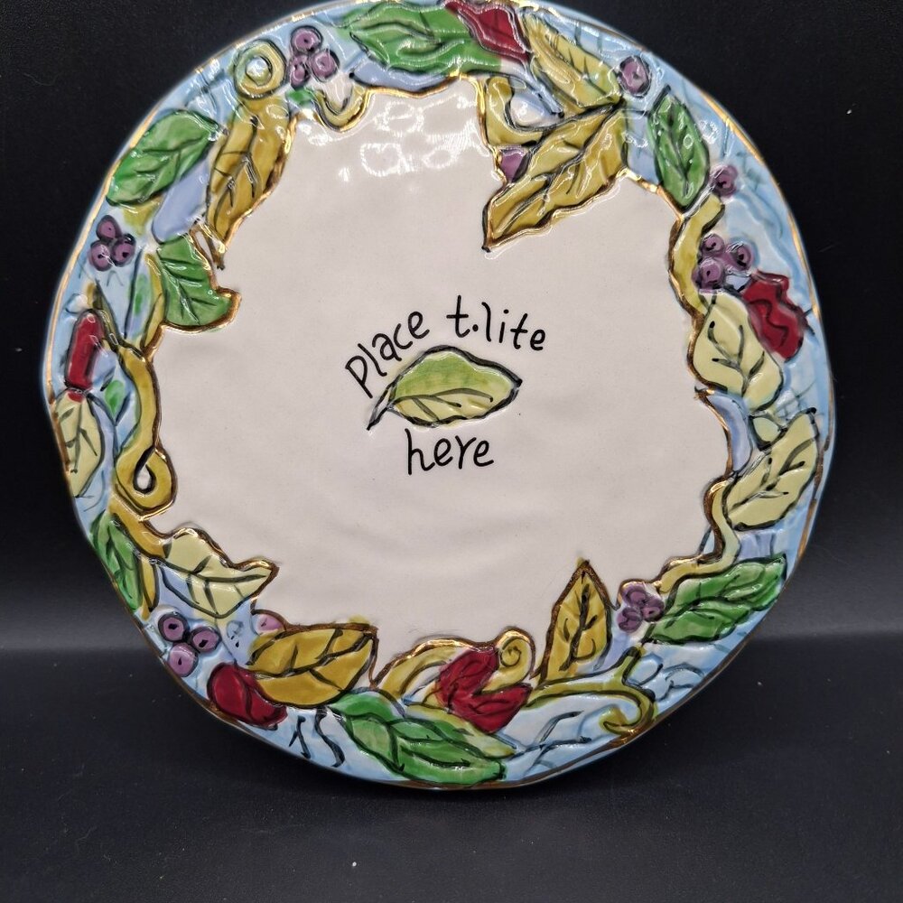 Hand-Painted Blue Sky Clayworks 2003 Ceramic T.Lite Holder With Floral Design
